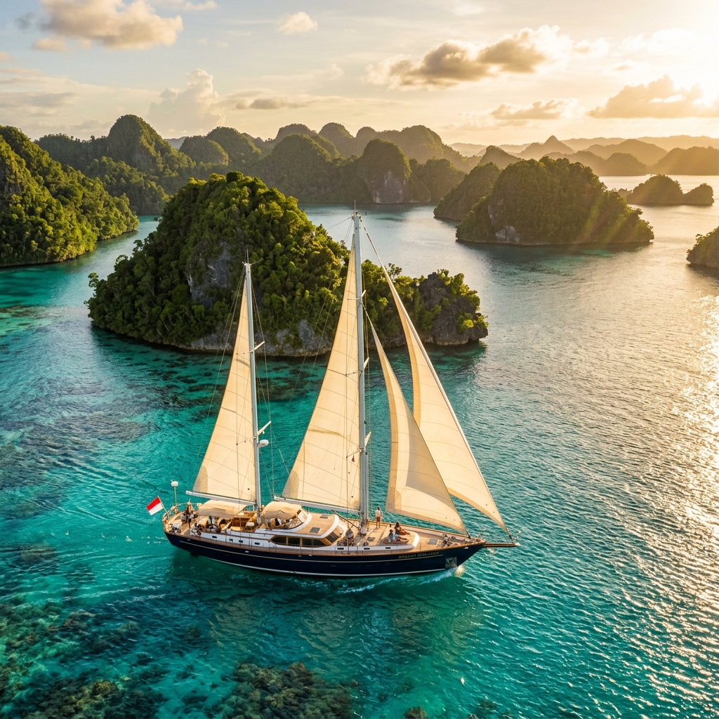 Luxury yacht sailing in Raja Ampat Indonesian waters
